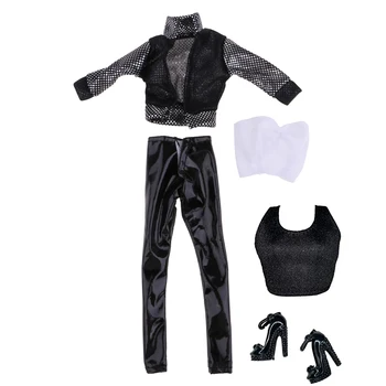 Комплект черни дрехи ръчна изработка от пет елементи с обувки, сетчатое палто, нагрудная тръба и панталони за кукли 30 см