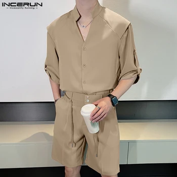 Мъжки ежедневни костюм В Корейски стил, Ризи С къси ръкави, къси Панталони, Мъжки Модни Обикновена Универсални комплекти от две части С V-образно деколте, S-5XL, INCEURN 2023