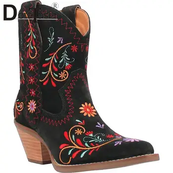Чисто нови дамски каубойски ботуши на щиколотке с остри пръсти, модни дамски обувки с бродерия във формата на цвете, женски ботуши на висок масивна обувки, ежедневни обувки
