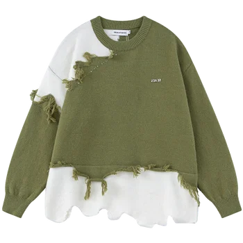 Американски пуловер с нередовни потертостью, изработена контрастен цвят, за мъже и жени, всекидневни вязаный пуловер в ретро стил от две части, която симулира на няколко.