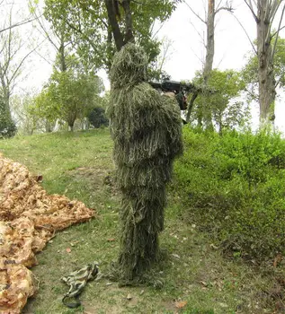 Костюм снайперист за къмпинг, Ловен камуфлаж Gillie, тактически, облекло за пейнтбола, камуфлаж със зелена трева, Многокамерная яке, панталони, комплекти