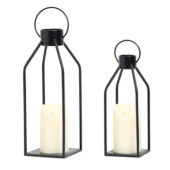 Фенер-свещ, 2 комплекта, Черни Декоративни Фенери с проблясващи led за вътрешно и външно домашен интериор