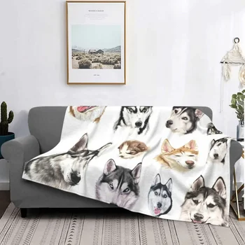 Сибирско пушистое одеяло Хъски 3D домашен Любимец Куче, Сладки Готини Реколта Наметала за леглото, дивана, килима