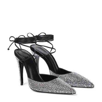 Дамски Черни обувки с остър пръсти, Нови въжета по глезените на висок ток с кристали, Големи размери, Пикантни Френски модни сандали за бала