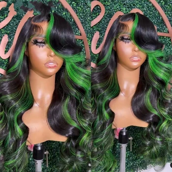 Зелена перука, завързана с ефект на обемни вълни, Прозрачни синтетични дантела перуки за черни жени