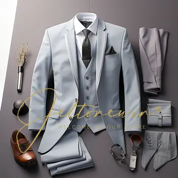 Приталенные мъжки костюми За булката, официалният бизнес мъжки блейзър с ревера, сватбен смокинг (яке + Жилетка + панталони) Trajes Elegante