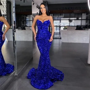 Царско синьо бретельки-спагети, бархатное вечерна рокля русалка с пайети, дълго выпускное рокля с отворен гръб под формата на Сърце, Robe De Soirée
