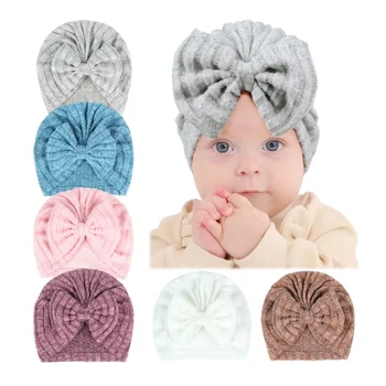 Есенно-зимна шапчица-тюрбан за малки момичета, детски шапчица-бини, шарени шапки с лък, мека еластична шапчица-капор.