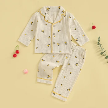 Пижамный комплект за малки момичета, риза с ревера и панталони с еластичен колан с лимонов принтом, бебешки дрехи за почивка от 2 теми
