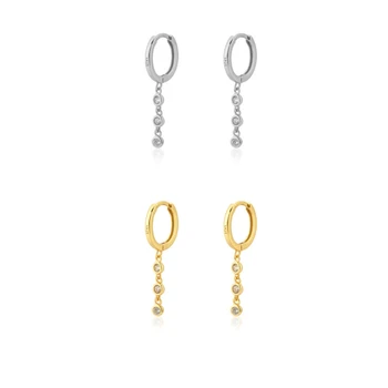 Сребърно-златен цвят, обици-висулки с три кристали, Цирконий, модни дамски бижута на Едро