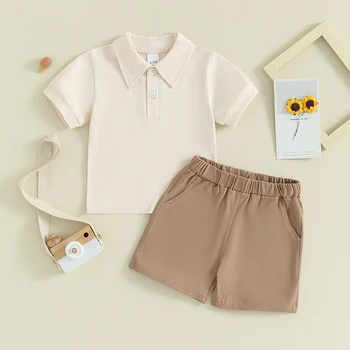 Комплект дрехи за малки момчета, тениска с къс ръкав и копчета на ревера, панталони с еластичен джоб за кръста, 2 броя летни дрехи