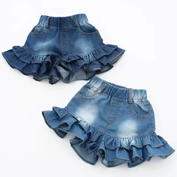 Корейски летни детски дънкови къси панталони за момичета с двойни рюшами Детска деним пола с еластичен колан Детски къси панталони панталони