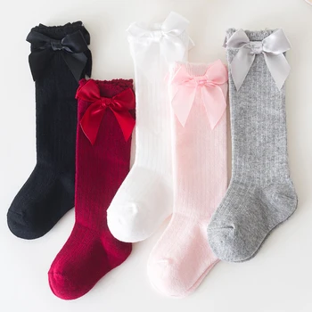 Есенно-зимни детски чорапи, Чорапи с лък за момичета, Аксесоари за деца, Дантелени памучни Чорапи за бебета, дрехи за бебета.