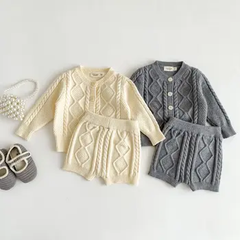 Есен-зима, модерен вязаный жилетка за момичета и момчета, пуловер за деца, ежедневни блузи, палта, памучен яке за бебета, трикотажни панталони за бебета