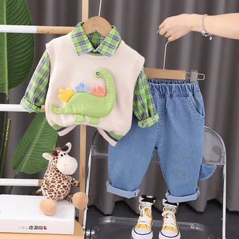 Бутик за дрехи за малки момчета 2023 Пролет-есен, вязаный пуловер с анимационни динозавром, Жилетка + Ризи в клетката + Панталони, 3 бр., детски дрехи за момчета