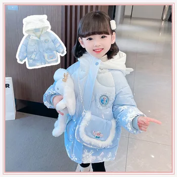 Зимни детски памучен яке Disney Frozen Elsa с качулка от картун аниме, плюшен памучен яке за момичета, ветровка, топло палто, подаръци