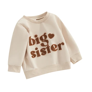 Hoody за деца Little Girl Sister с кръгло деколте и бродерии букви, топъл детски пуловер, топ за зимата-през есента