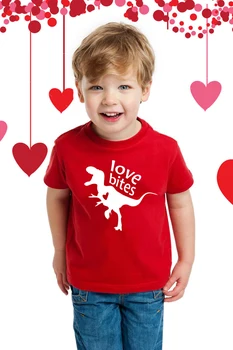 Тениска за Свети Валентин, за малки деца, червена тениска с изображение на динозавър Love Bites, сладка тениска в 