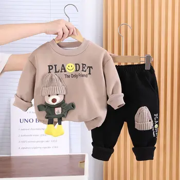 Комплект детски дрехи, есенно-зимна новост, корейски комплект дрехи за момчета, плюшено сгъсти пуловер, панталони, комплект от две части