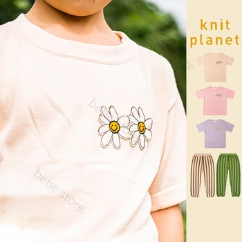Bebe Магазин Bebe се Съхранява на Място UK Knit Planet 2023 SS Пролетно-Летен Детски Топ от памук С Къс Ръкав, Всекидневни Комплект Панталон